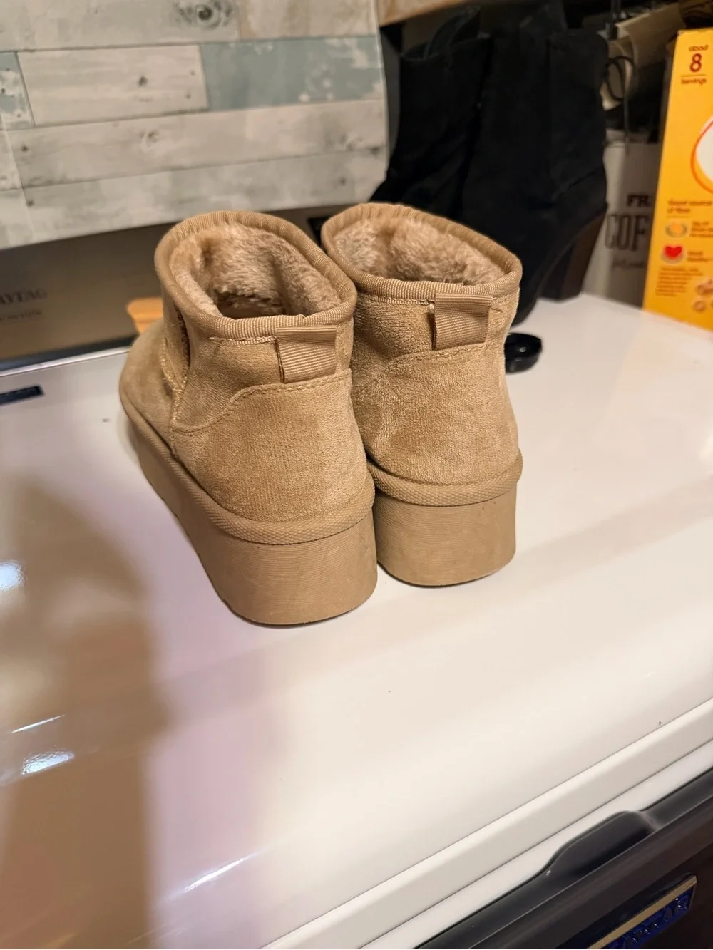 Olivia & Kate Platform Mini Faux Suede Faux Fur Lined Boots Beige Women’s Size 6